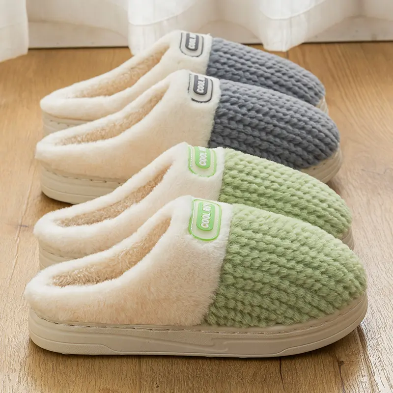 Couple Home Slippers Warm Memory Foam Anti-skid EVA Indoor Plush Slides Soft Sole Stripe Design Women 2025 Winter Houseshoes