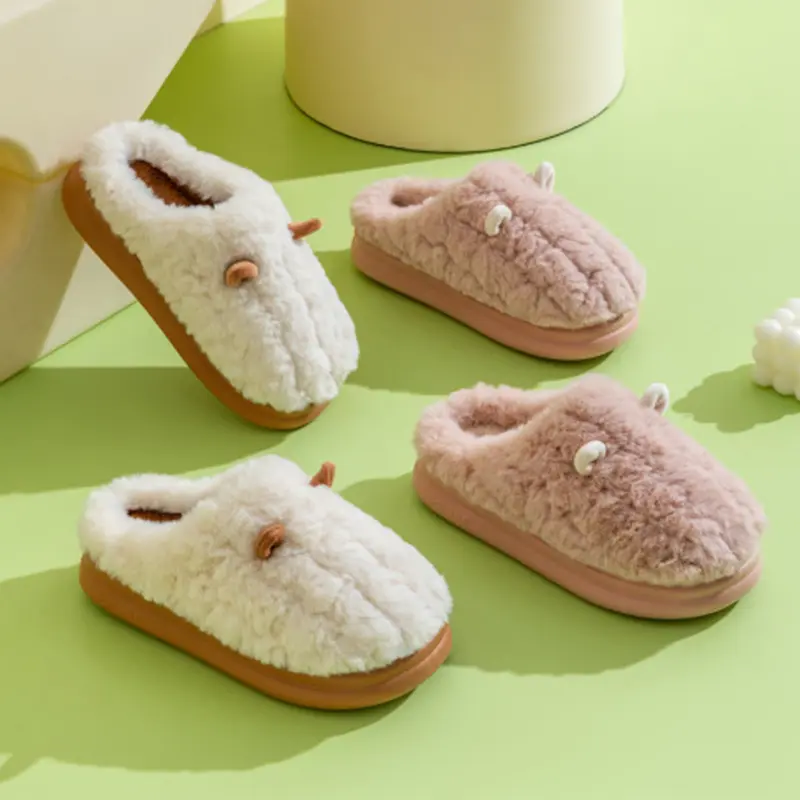 New Cotton Slippers for Women's Home Fur Slippers Casual Thick Sole Slip-on 2025 Winter Warm Slides Cute Couple Plush Slippers
