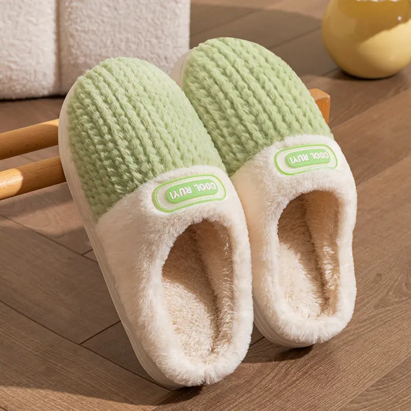 Couple Home Slippers Warm Memory Foam Anti-skid EVA Indoor Plush Slides Soft Sole Stripe Design Women 2025 Winter Houseshoes