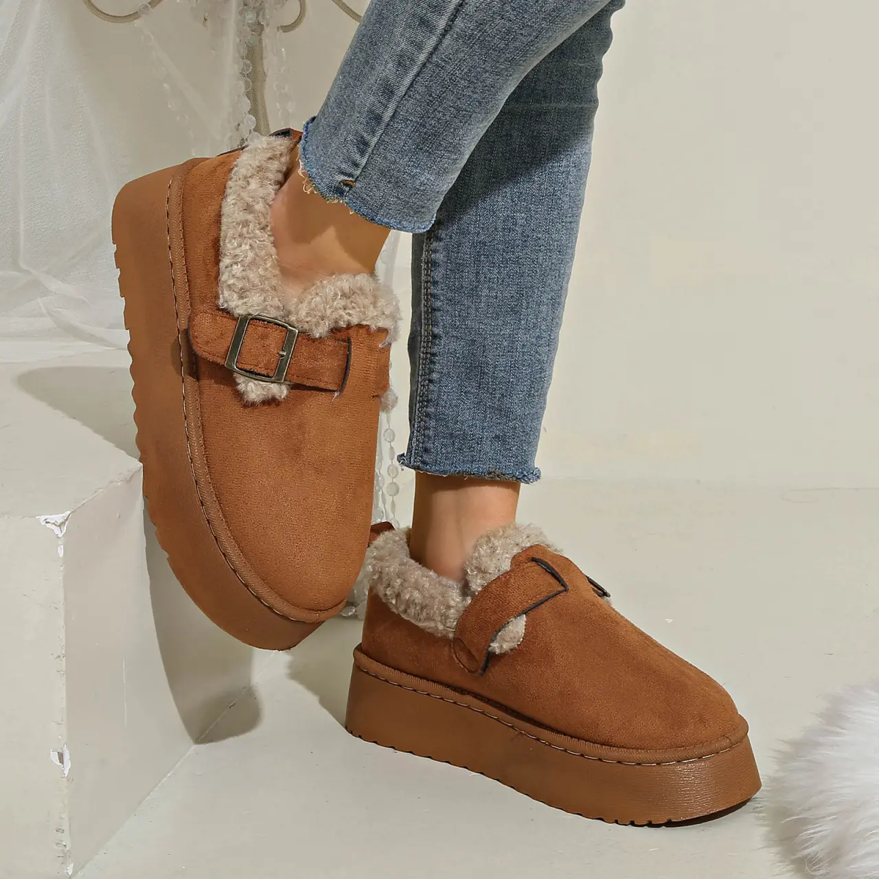 Fashion Metal Decoration Slip On Snow Boots Women 2025 Winter Warm Short Plush Ankle Boots Soft Thick Bottom Non Slip Booties