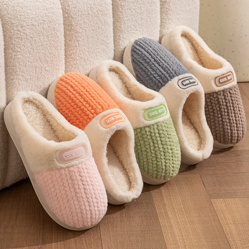 Couple Home Slippers Warm Memory Foam Anti-skid EVA Indoor Plush Slides Soft Sole Stripe Design Women 2025 Winter Houseshoes