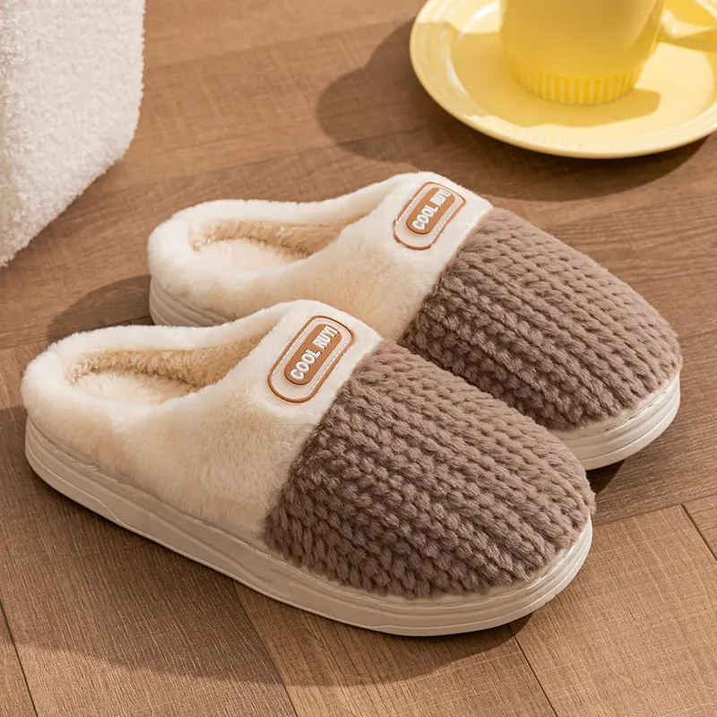 Couple Home Slippers Warm Memory Foam Anti-skid EVA Indoor Plush Slides Soft Sole Stripe Design Women 2025 Winter Houseshoes