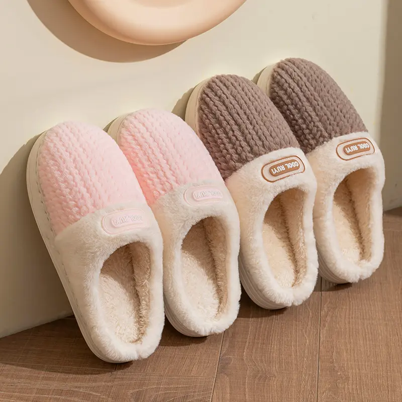 Couple Home Slippers Warm Memory Foam Anti-skid EVA Indoor Plush Slides Soft Sole Stripe Design Women 2025 Winter Houseshoes