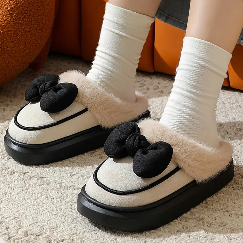 Women's Size 45 Fluffy Plush Slippers Winter Bowtie Decoration Thick Bottom Furry Slides 2025 Multi-color Warm Cotton Slippers