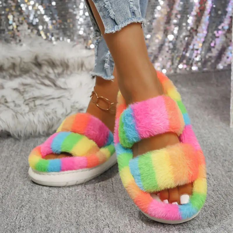 Rainbow Corduroy Indoor Slippers Women 2025 Winter Mix Color Thick Bottom Couple Furry Slippers Warm Plush Home Slides for Woman