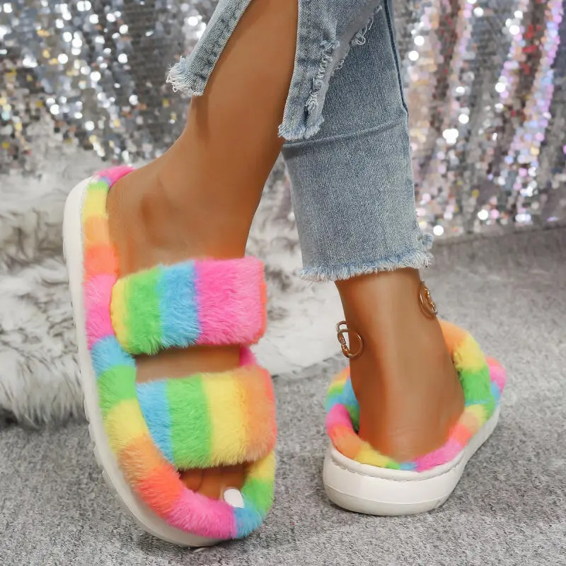 Rainbow Corduroy Indoor Slippers Women 2025 Winter Mix Color Thick Bottom Couple Furry Slippers Warm Plush Home Slides for Woman