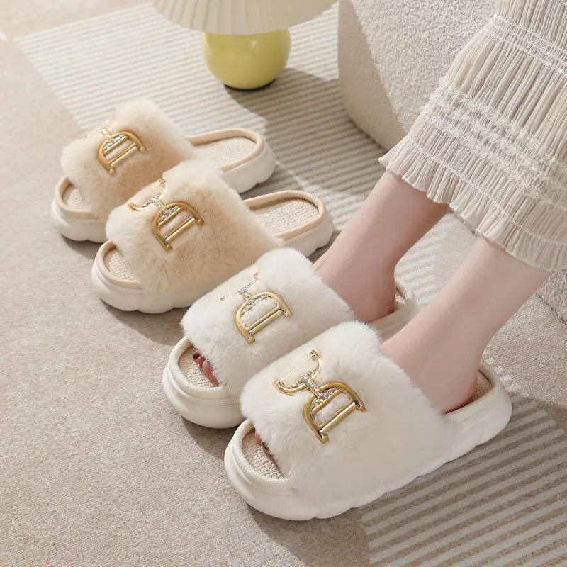 Luxury Faux Fur Indoor Slippers Women 2025 Winter Fashion Metal Decoration Soft Sole Non Slip Slides Warm Short Plush Slippers