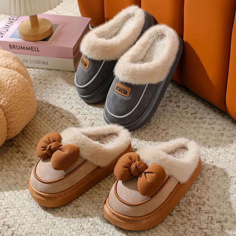 Women's Size 45 Fluffy Plush Slippers Winter Bowtie Decoration Thick Bottom Furry Slides 2025 Multi-color Warm Cotton Slippers