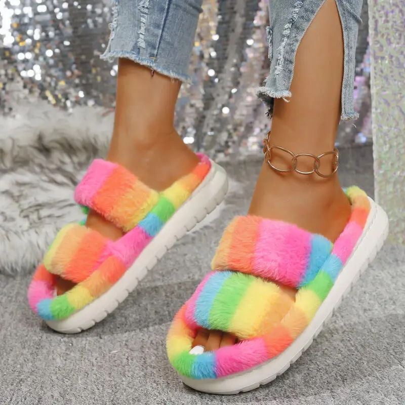 Rainbow Corduroy Indoor Slippers Women 2025 Winter Mix Color Thick Bottom Couple Furry Slippers Warm Plush Home Slides for Woman