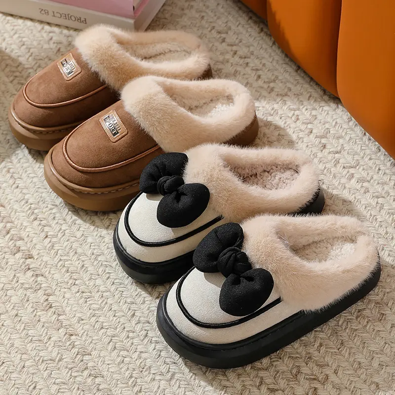 Women's Size 45 Fluffy Plush Slippers Winter Bowtie Decoration Thick Bottom Furry Slides 2025 Multi-color Warm Cotton Slippers