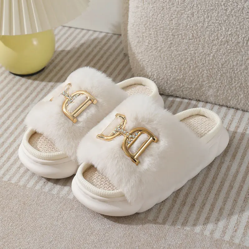 Luxury Faux Fur Indoor Slippers Women 2025 Winter Fashion Metal Decoration Soft Sole Non Slip Slides Warm Short Plush Slippers