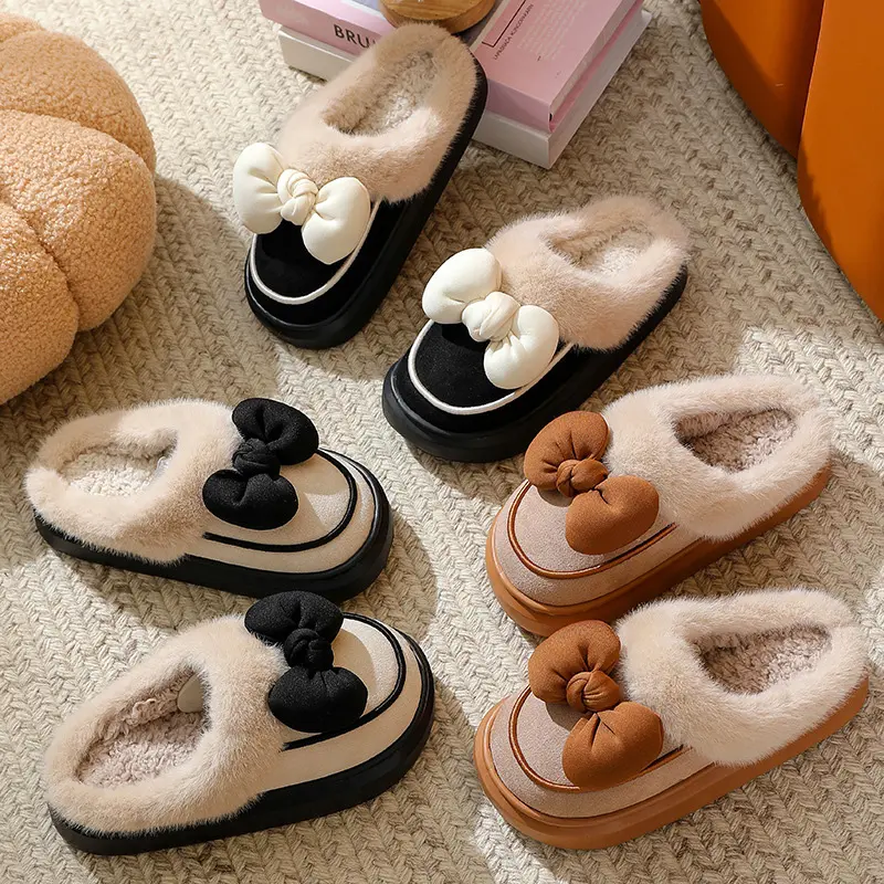 Women's Size 45 Fluffy Plush Slippers Winter Bowtie Decoration Thick Bottom Furry Slides 2025 Multi-color Warm Cotton Slippers