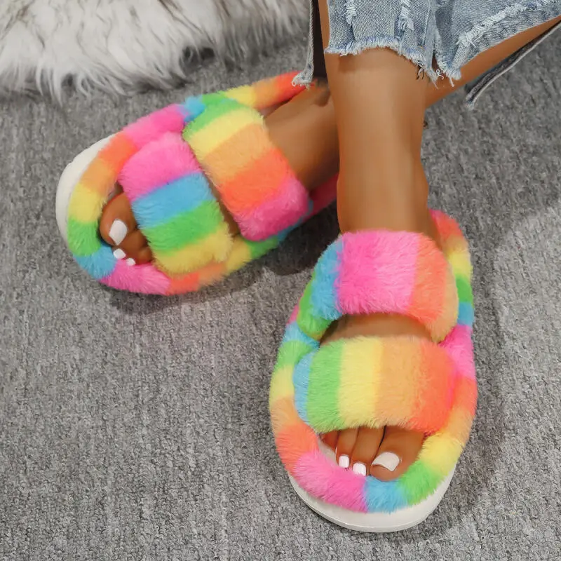 Rainbow Corduroy Indoor Slippers Women 2025 Winter Mix Color Thick Bottom Couple Furry Slippers Warm Plush Home Slides for Woman