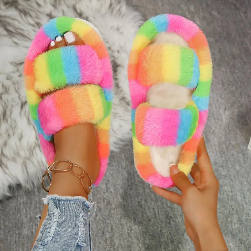 Rainbow Corduroy Indoor Slippers Women 2025 Winter Mix Color Thick Bottom Couple Furry Slippers Warm Plush Home Slides for Woman