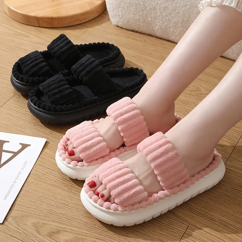 Casual Corduroy Cotton Indoor Slippers Women 2025 Winter Comfort Thick Bottom Slides Non Slip Short Plush Postpartu Home Slipper