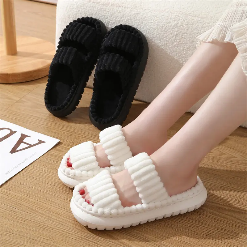 Casual Corduroy Cotton Indoor Slippers Women 2025 Winter Comfort Thick Bottom Slides Non Slip Short Plush Postpartu Home Slipper