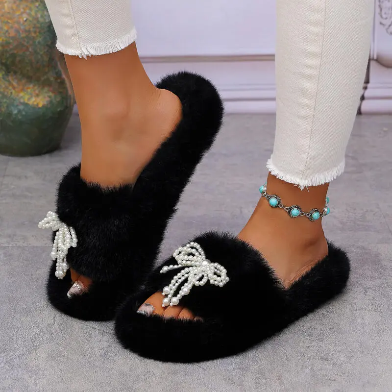 Sweet Pearl Bowknot Soft Short Plush Indoor Slippers Women 2025 Winter Elegant Faux Fur Slides Comfort Furry Bedroom Slippers