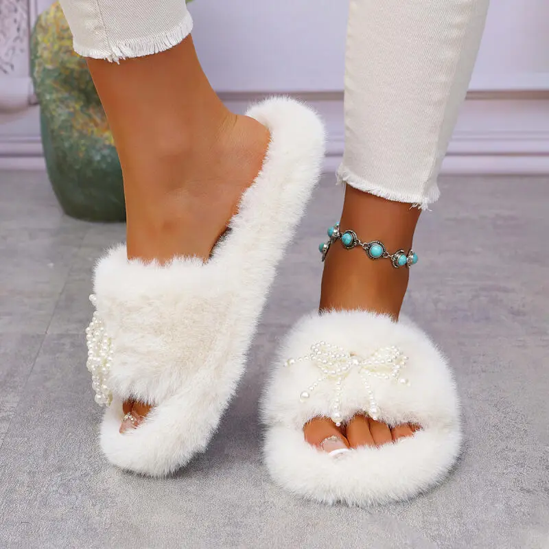Sweet Pearl Bowknot Soft Short Plush Indoor Slippers Women 2025 Winter Elegant Faux Fur Slides Comfort Furry Bedroom Slippers