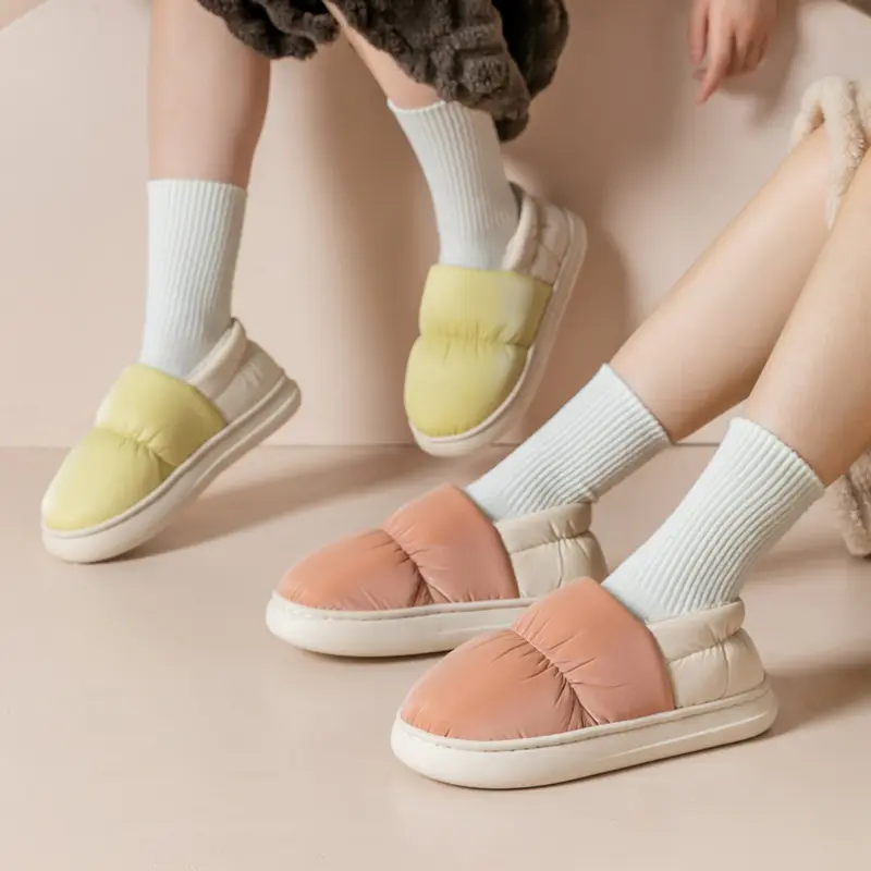 Soft Waterproof Furry Indoor Slippers Women 2025 Winter Warm Short Plush Bedroom Couple EVA Slippers Non Slip Postpartum Shoes