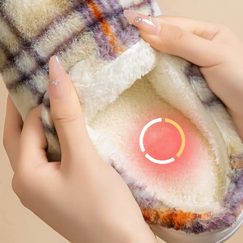 Mix Color Plaid Furry Indoor Slippers Women 2025 Winter Warm Plush Soft Sole Couple Slippers Comfort Non Slip Fluffy Fur Slides
