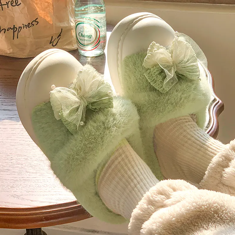 Cute Princess Winter Slippers Women Lace Edge Cotton EVA Shoes 2025 Winter Bowknot Candy Colore Thick Bottom Plush Lace Up Slide