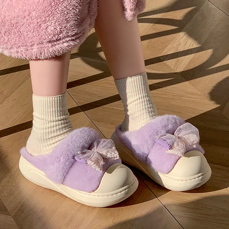 Cute Princess Winter Slippers Women Lace Edge Cotton EVA Shoes 2025 Winter Bowknot Candy Colore Thick Bottom Plush Lace Up Slide