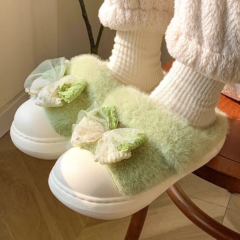Cute Princess Winter Slippers Women Lace Edge Cotton EVA Shoes 2025 Winter Bowknot Candy Colore Thick Bottom Plush Lace Up Slide