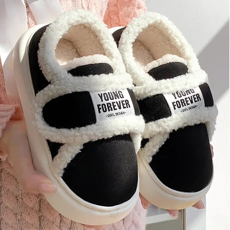 Autumn Winter Suede Warm Cotton Slippers Women Soft Plush Platform Shoes Plus Size 44-45 Thick Sole Couples Outdoor Flat Shoes