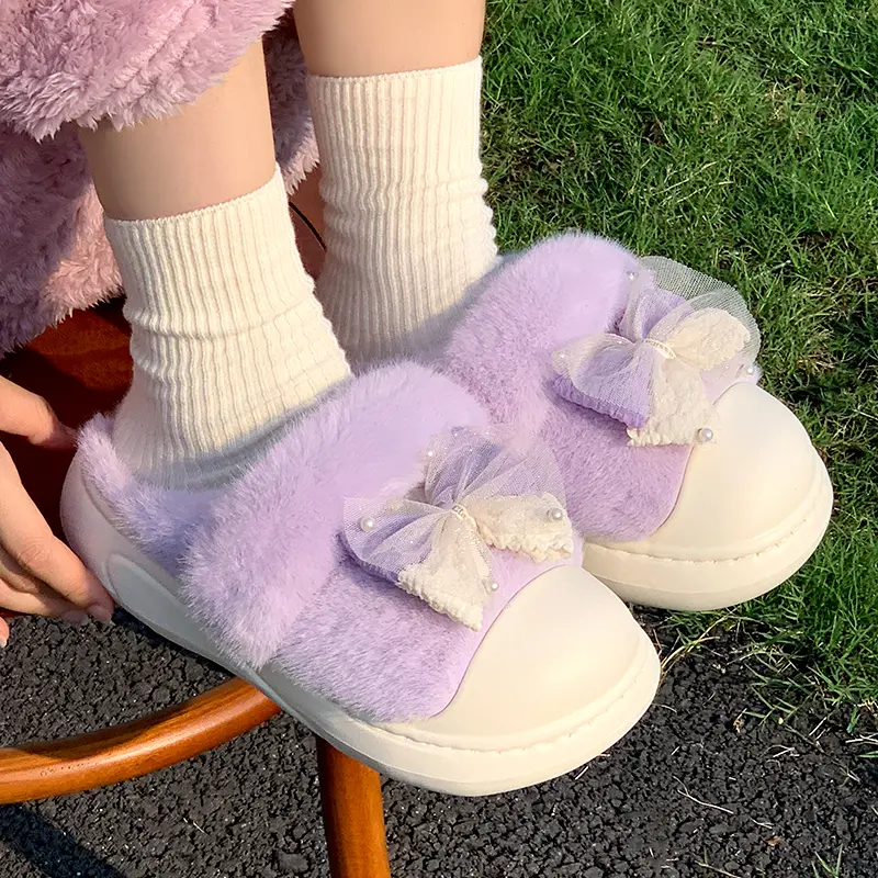 Cute Princess Winter Slippers Women Lace Edge Cotton EVA Shoes 2025 Winter Bowknot Candy Colore Thick Bottom Plush Lace Up Slide