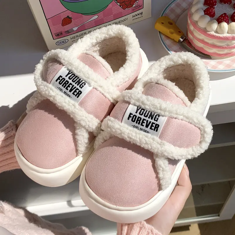 Autumn Winter Suede Warm Cotton Slippers Women Soft Plush Platform Shoes Plus Size 44-45 Thick Sole Couples Outdoor Flat Shoes