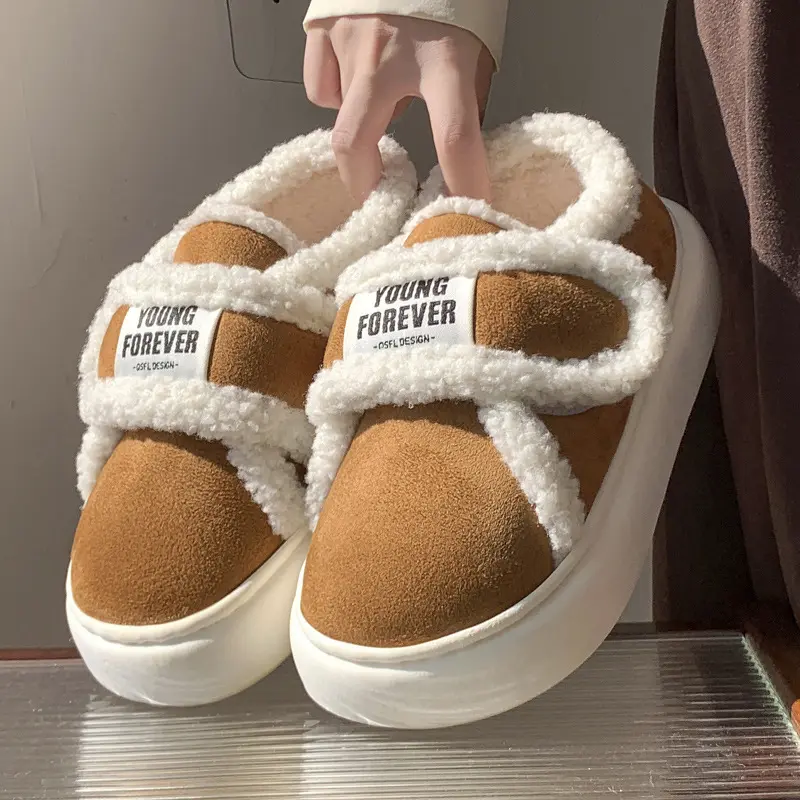Autumn Winter Suede Warm Cotton Slippers Women Soft Plush Platform Shoes Plus Size 44-45 Thick Sole Couples Outdoor Flat Shoes