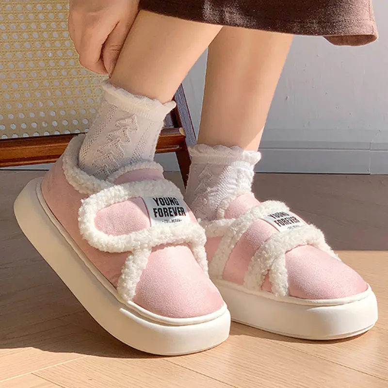 Autumn Winter Suede Warm Cotton Slippers Women Soft Plush Platform Shoes Plus Size 44-45 Thick Sole Couples Outdoor Flat Shoes