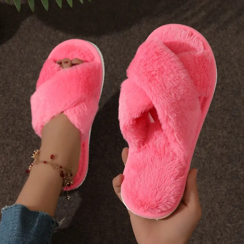 Criss Cross-Strap Plush House Slippers for Women Open Toe Soft Sole Fuzzy Home Shoes Woman Winter Cozy Warm Indoor Floor Slides