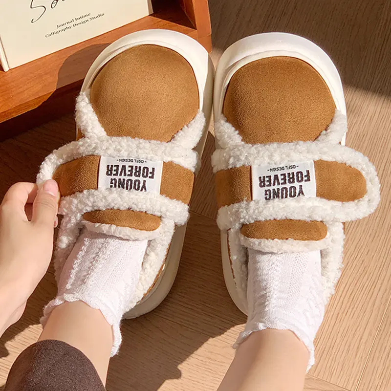 Autumn Winter Suede Warm Cotton Slippers Women Soft Plush Platform Shoes Plus Size 44-45 Thick Sole Couples Outdoor Flat Shoes