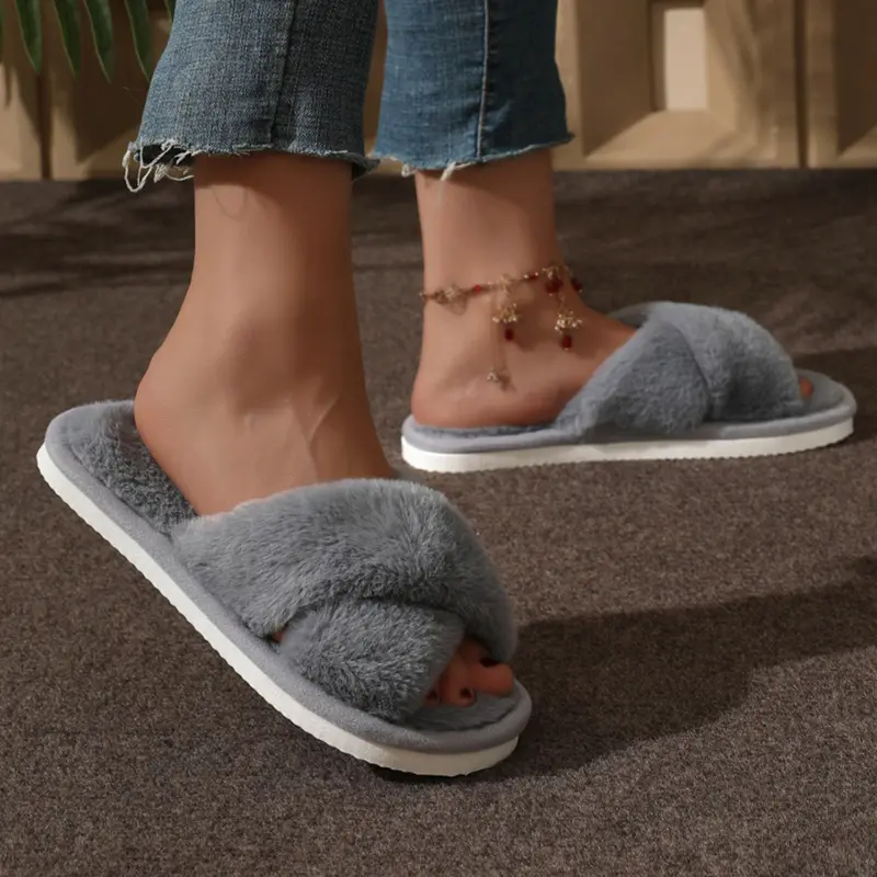 Criss Cross-Strap Plush House Slippers for Women Open Toe Soft Sole Fuzzy Home Shoes Woman Winter Cozy Warm Indoor Floor Slides