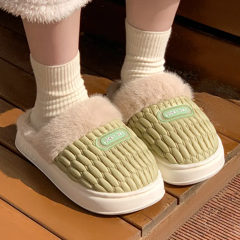 Candy Color Thick Sole Pluffy Slippers Women Closed Toe Furry Couple Slides Winter Big Size 44-45 Indoor Home Cotton Slippes