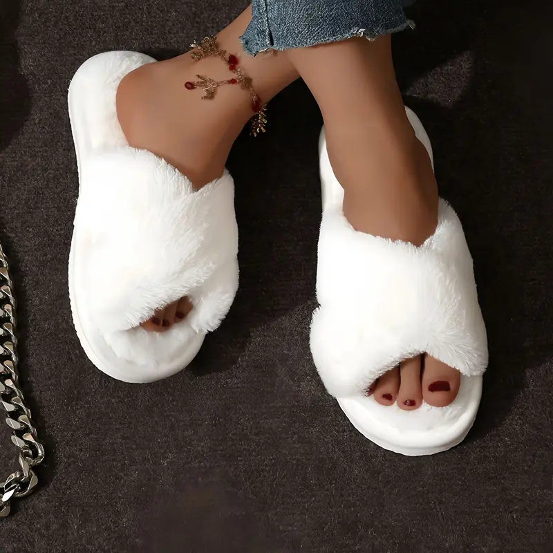 Criss Cross-Strap Plush House Slippers for Women Open Toe Soft Sole Fuzzy Home Shoes Woman Winter Cozy Warm Indoor Floor Slides