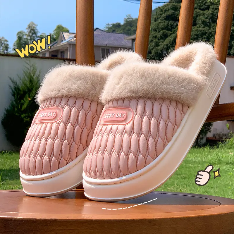 Candy Color Thick Sole Pluffy Slippers Women Closed Toe Furry Couple Slides Winter Big Size 44-45 Indoor Home Cotton Slippes