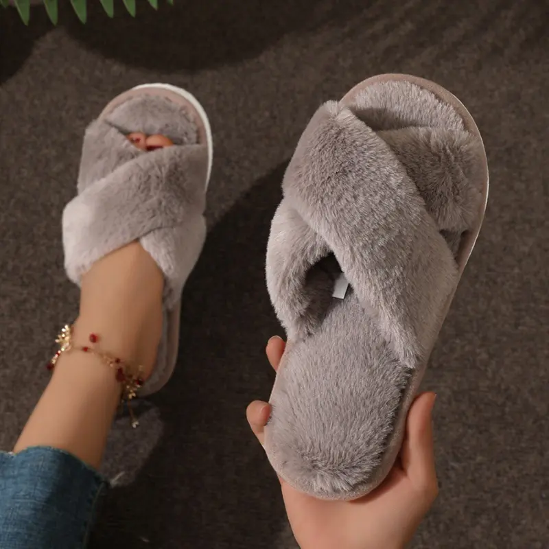 Criss Cross-Strap Plush House Slippers for Women Open Toe Soft Sole Fuzzy Home Shoes Woman Winter Cozy Warm Indoor Floor Slides