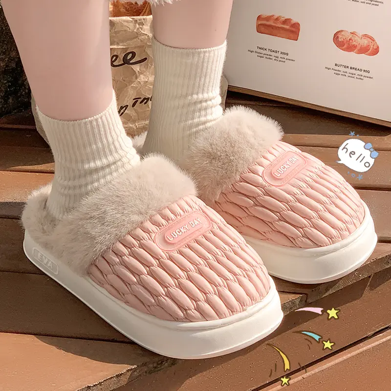 Candy Color Thick Sole Pluffy Slippers Women Closed Toe Furry Couple Slides Winter Big Size 44-45 Indoor Home Cotton Slippes