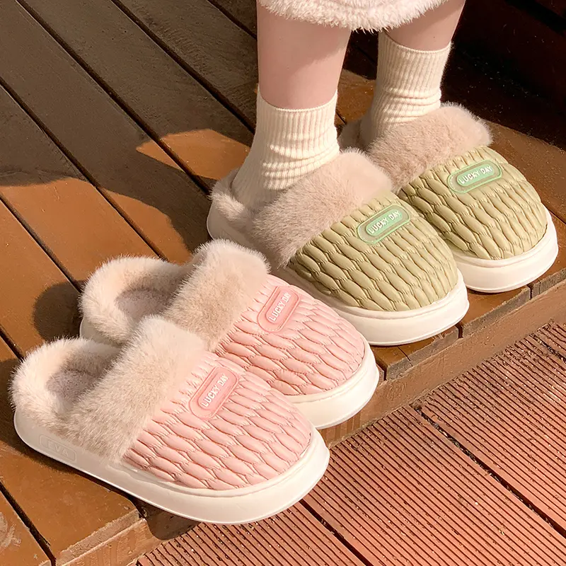 Candy Color Thick Sole Pluffy Slippers Women Closed Toe Furry Couple Slides Winter Big Size 44-45 Indoor Home Cotton Slippes