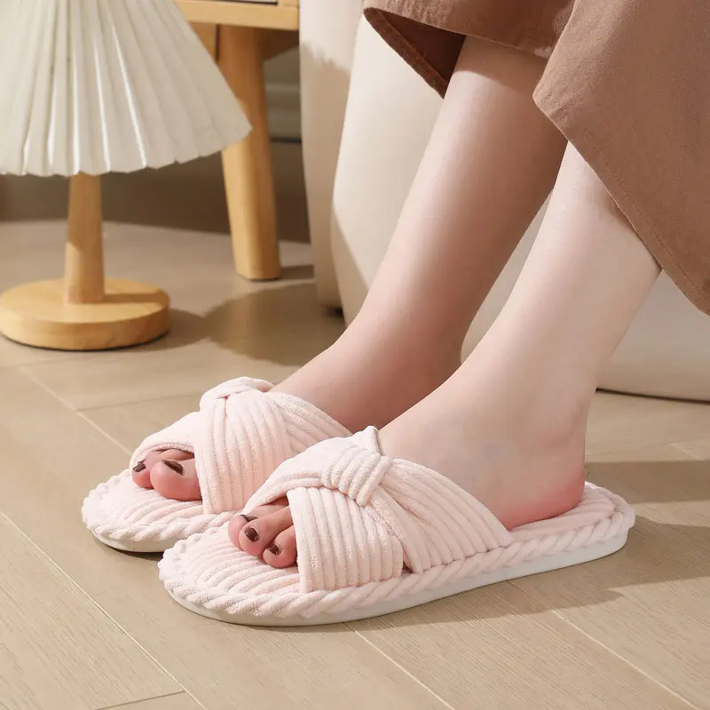 Comfort Corduroy Cross Strap Cotton Slides Women 2025 Winter Round Toe Flat Heel Couple Slippers Soft Non Slip Indoor Slippers
