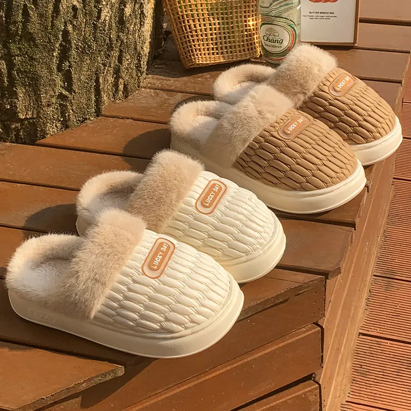 Candy Color Thick Sole Pluffy Slippers Women Closed Toe Furry Couple Slides Winter Big Size 44-45 Indoor Home Cotton Slippes