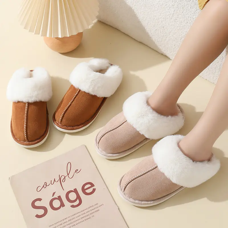 Luxury Faux Fur Suede Indoor Mules Women 2025 Winter Warm Short Plush Couple Slippers Comfort Round Toe Soft Sole Furry Slides