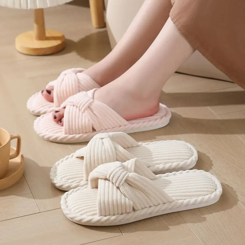Comfort Corduroy Cross Strap Cotton Slides Women 2025 Winter Round Toe Flat Heel Couple Slippers Soft Non Slip Indoor Slippers