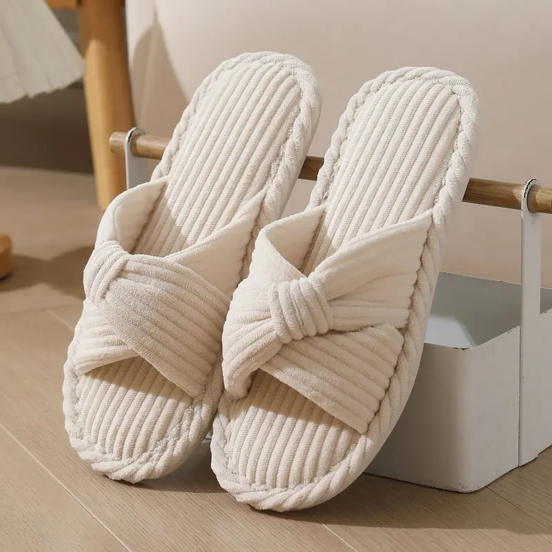 Comfort Corduroy Cross Strap Cotton Slides Women 2025 Winter Round Toe Flat Heel Couple Slippers Soft Non Slip Indoor Slippers