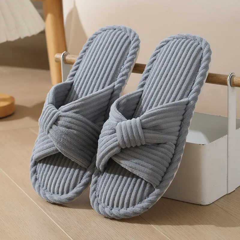 Comfort Corduroy Cross Strap Cotton Slides Women 2025 Winter Round Toe Flat Heel Couple Slippers Soft Non Slip Indoor Slippers