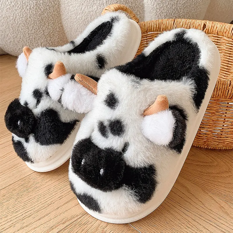Women's Winter Spotted Cow Cotton Slippers Warm Indoor Household Plush Slippers with Thick Bottom for Home Comfort Shoes 2025