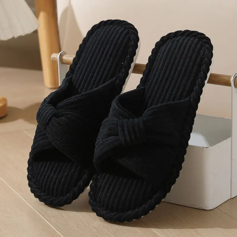 Comfort Corduroy Cross Strap Cotton Slides Women 2025 Winter Round Toe Flat Heel Couple Slippers Soft Non Slip Indoor Slippers