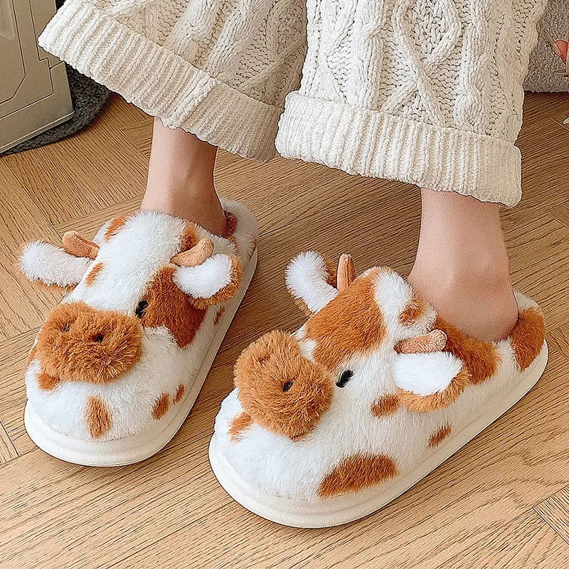 Women's Winter Spotted Cow Cotton Slippers Warm Indoor Household Plush Slippers with Thick Bottom for Home Comfort Shoes 2025